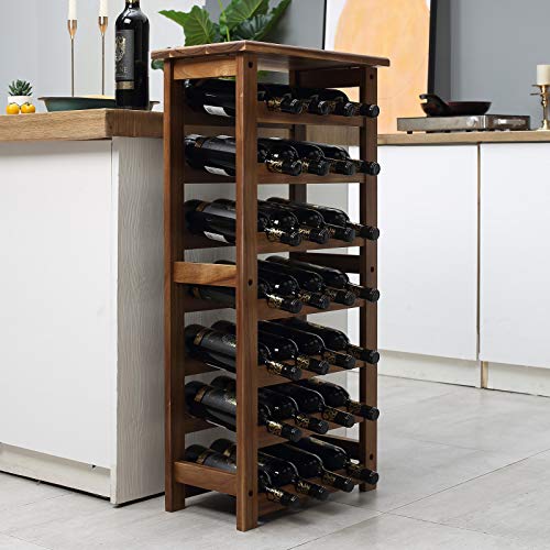 Everous Wooden Wine Rack, 7 Tire Floor Wine Storage Rack, 28 Bottles Holder, Freestanding Display Rack For Kitchen, Pantry, Cellar, Natural #TOP1