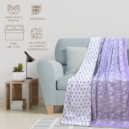 Image of TOAIArt Premium Jaipuri Dohar | AC Blanket Summer Quilt | Hand Block Printed | 3 Layers | Reversible | 150GSM 100% Mulmul Cotton | 100% Cotton Flannel Filling | King 108 inch X 90 inch |Lavender Kalamkari