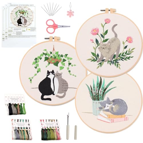 Image of Ohcol 3 Sets Cat Embroidery Kit,Needlepoint Kits for Adults Beginner,Needle Point Sets with Washable Pre-Printed Pattern,1 Hoop,Women Hand Crafts