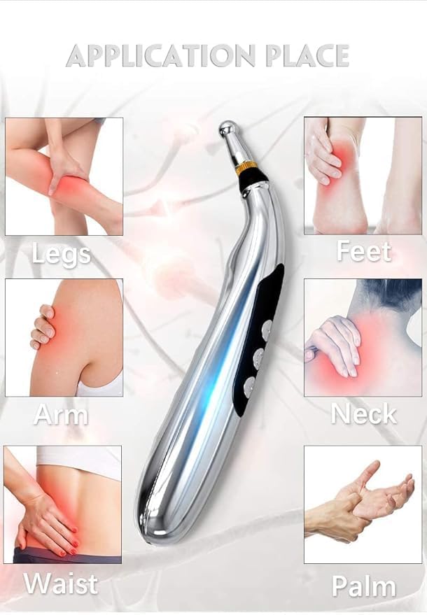Diagram showing application areas for the massage pen including legs, feet, arm, neck, waist, and palm