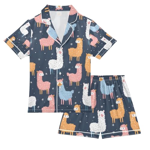 senya Colorful Cute Alpacas X Satin Summer Pajama Sets Silk Short Sleeve Button Down Sleepwear