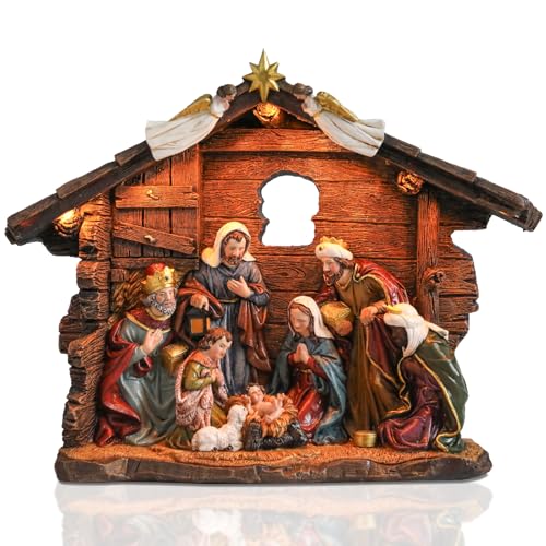 Bshine Nativity Scene Set with LED Lights and Wooden Stable