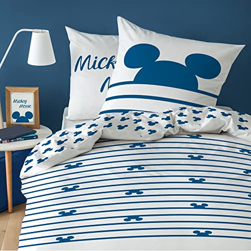 Disney Mickey SAIL Parure de Lit Enfant 140x200 cm | 100% Coton | Oeko-TEX | Housse de Couette Enfant 1 Personne 140x200 cm + 1 Taie d'oreiller 63x63 cm Imprimées Reversibles | Bleu