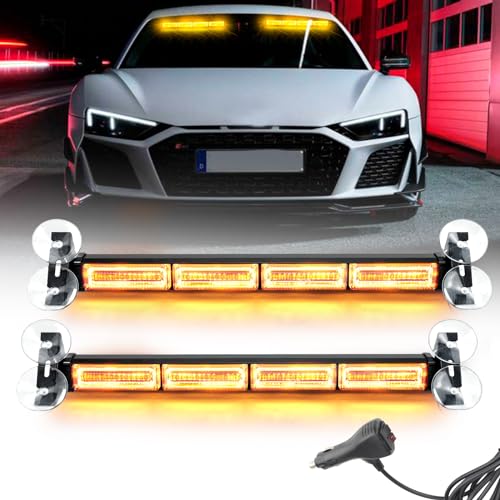 JMEST LEAD 2 in 1 Amber Windshield Strobe Light Bar，80 LED 2X 16 Inch Emergency Hazard Warning Light w/8 Suction Cups, 24 Flash Modes LED Traffic Advisor Strobe Lights Bar for Trucks Vehicles