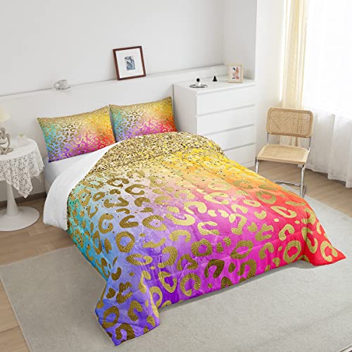 Feelyou Leopard Comforter Set Glitter Bedding Set Rainbow Print Comforter Wild Animal Print Quilted Duvet Set For Kids Boys Girls Microfiber Queen #TOP3