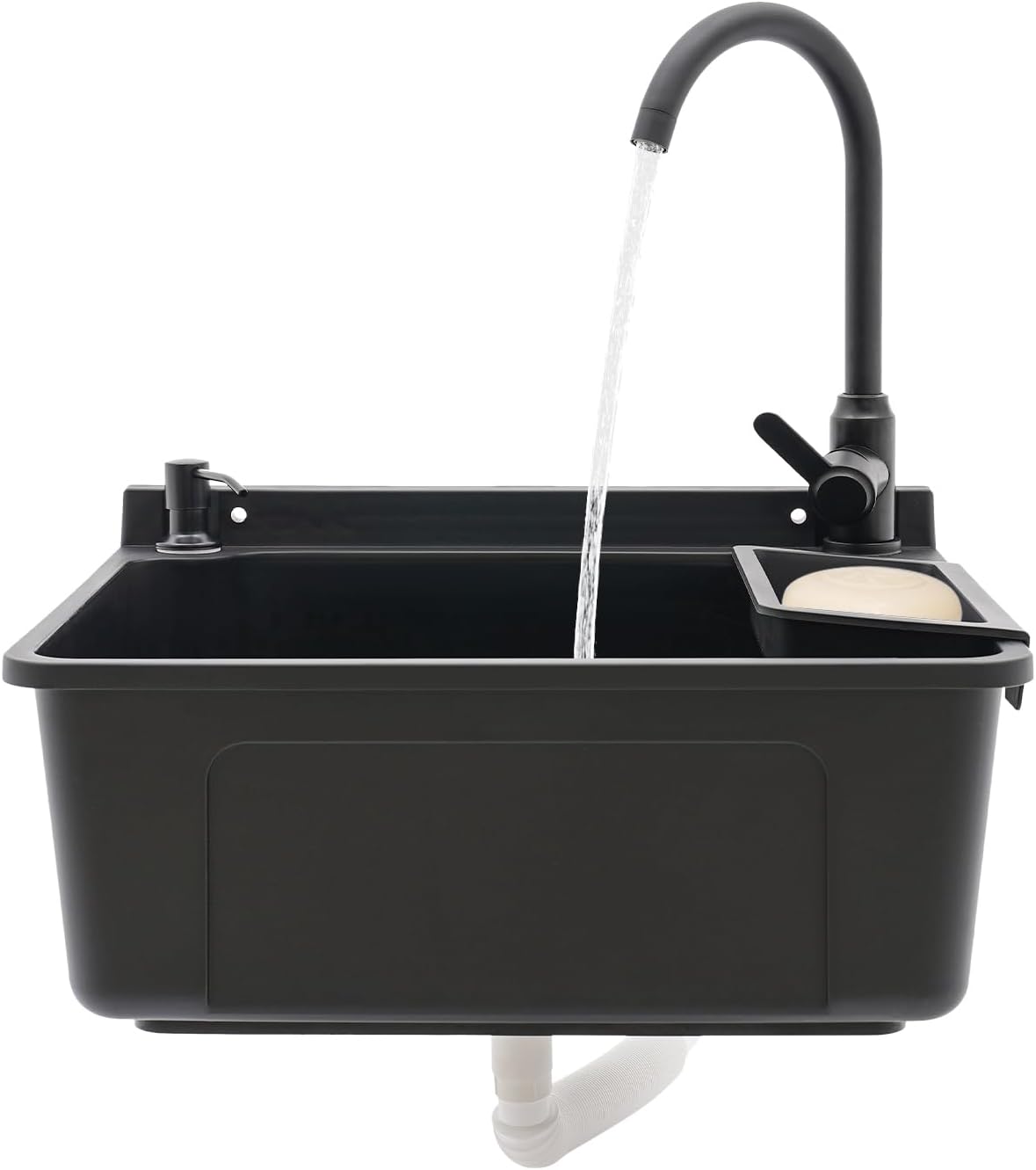 Wall-Mounted Sink,Plastic Laundry Sink with Soap Box,Utility Tub Sink with Rotatable Hot And Cold Faucet,Rectangular Wall Mount Laundry Tub Wash Station for Laundry,Bathrooms,Garages (Black)