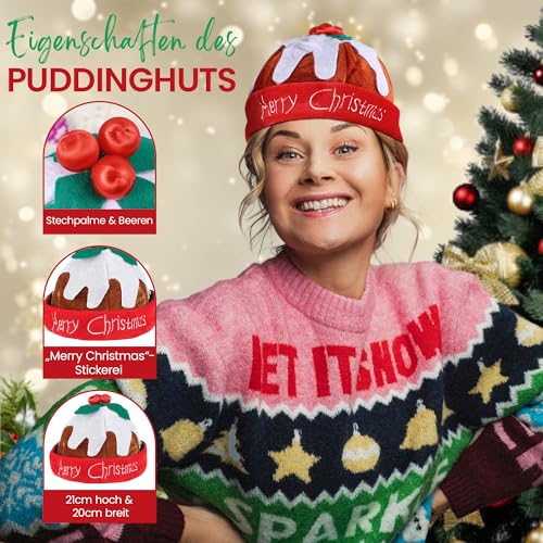 Weihnachtsmützen Erwachsene – 5 Stk. Lustige Hüte – Nikolausmütze, Hähnchen Hut, Weihnachtsmannbeine, Puddingmütze, gefüllter Truthahnhut, Weihnachtsmütze – Witzige Kostüme und Lustige Mützen im Set