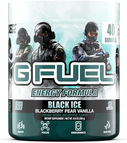 Image of G Fuel Rainbow Six Energy Drink Powder, Pre Workout Caffeine Mix for Gaming, Sugar Free Focus Amino, Vitamin + Antioxidants, 9.8oz (Blackberry Pear Vanilla, 40 Servings)