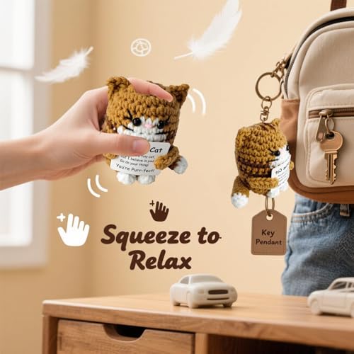 Image of Crochet Toys, Handmade Cat Crochet Animals, Cute Crochet Gift for Home and Office Decor, Emotional Support Animal Toy, Cute Things for Study Table Desk Decoration (8x6 cm, Brown)