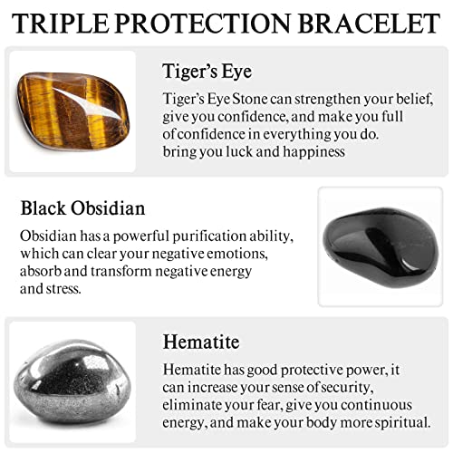 Denchy Triple Protection Bracelet, Tigers Eye - Black Obsidian and Hematite Beaded Bracelets for Men Women, Tourmaline Spiritual Natural Crystal Stone Luck Bracelet, Birthday Mother's Day Gift3