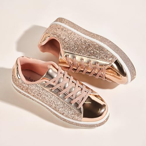 Image of UUBARIS Women's Glitter Tennis Sneakers Neon Dressy Sparkly Sneakers Rhinestone Bling Wedding Bridal Shoes Shiny Sequin Shoes