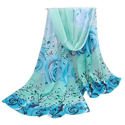 Ink2055 Classic Rose Print Women Thin Summer Sunscreen Beach Towel Long Chiffon Blue #TOP9