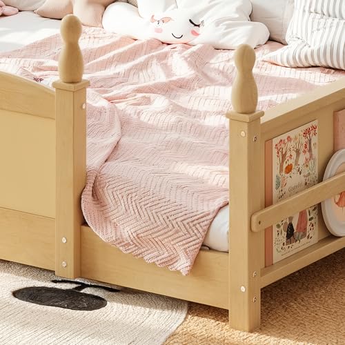 Image of Bellemave Queen Size Montessori Floor Bed Frame with High Fence, Solid Wood Kids Floor Bed with Bookshelf, Low Profile Bed for Boys & Girls, Childlike Design,Natural