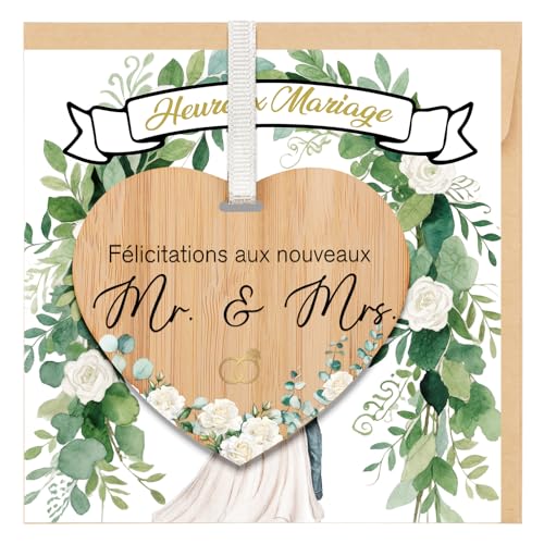 TheGiffter Carte Mariage Félicitation, Carte de Vœux Mariage avec Plaque Cœur Bois avec Enveloppe 15 * 15CM, Cadeau Mariages pour Anniversaire,les...