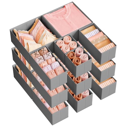 SONGMICS Drawer Organizers, Dresser Divider Organizers, Set of 18, Foldable Fabric Storage Boxes for Socks, Underwear, Bras, Ties, Scarves, Dove Gray