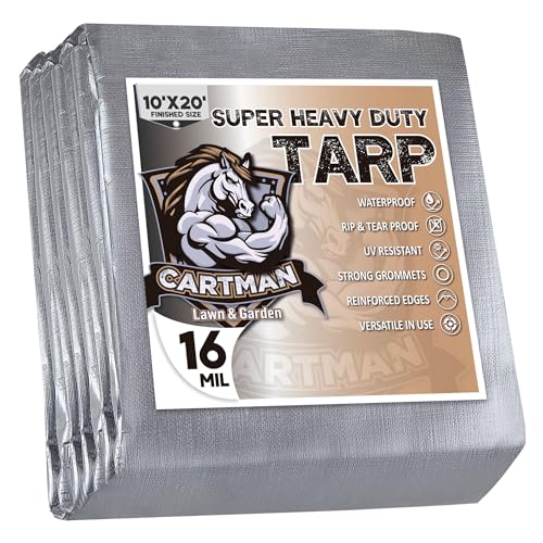 CARTMAN Finished Size 10x20 Feet Extra Thick 16 Mil Ultra Heavy Duty Poly Tarp, Multipurpose Protective Cover, UV Resistant, Waterproof Poly Tarpaulin with Reinforced Edges
