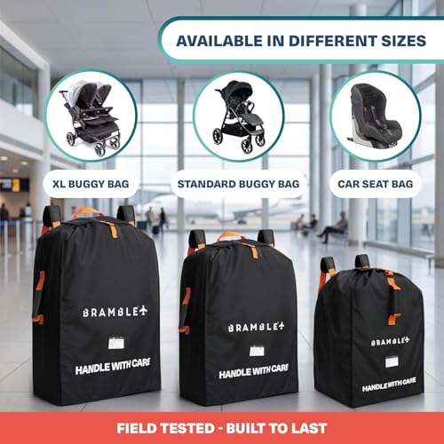 Bramble - Buggy Transporttasche für Flugzeug Gate Check - Wasserabweisende Kinderwagentasche aus Ballistik-Nylon mit gepolsterten Neopren-Trägern, Packbeutel & ID-Fenster - 90 x 60 x 35 cm (Schwarz)