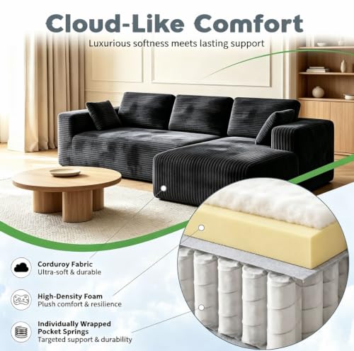 Image of 93 inch L-Shaped Modular Sectional Sofa with Chaise, Boneless Corduroy Cloud Couch with Deep Seat and Oversized Comfort, Flexible Module Combination for Living Room, No Assembly Required