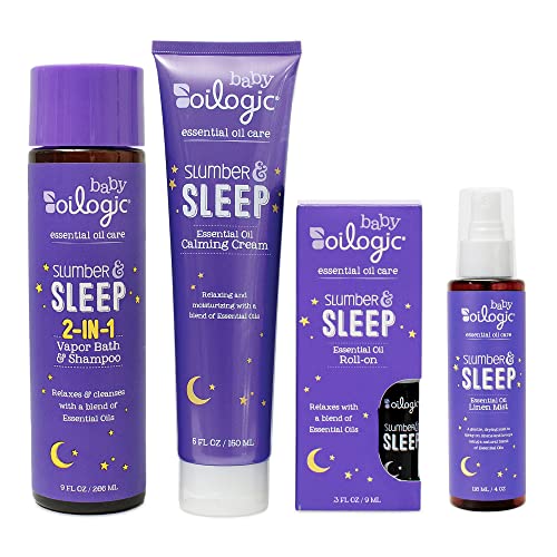 Image of Oilogic Baby Essentials - Baby Bath - Slumber & Sleep Gift Set 4-Pack - Roll-On Essential Oil 3 oz, Calming Cream, Vapor Bath & Linen Mist - Made with Lavender and Chamomile Essential Oil