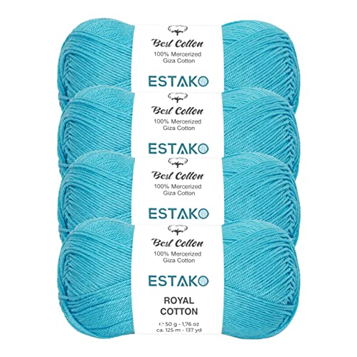 Image of Estako Royal Cotton, (4 Skeins Pack) 100% Mercerized Giza Cotton Yarn, Soft, Super Fino for Crochet and Knitting (4 x 1.76 Oz) / (4 x 137 Yrds) (5080 - Turquoise)