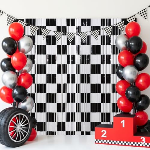 Image of TONIFUL 2 Packs Race Car Checkered Foil Fringe Curtains 3.3 x 6.6 ft | Black and White Metallic Tinsel Streamers Curtain Backdrop for Race Car Themed Birthday Sports Party Photo Booth Decorations