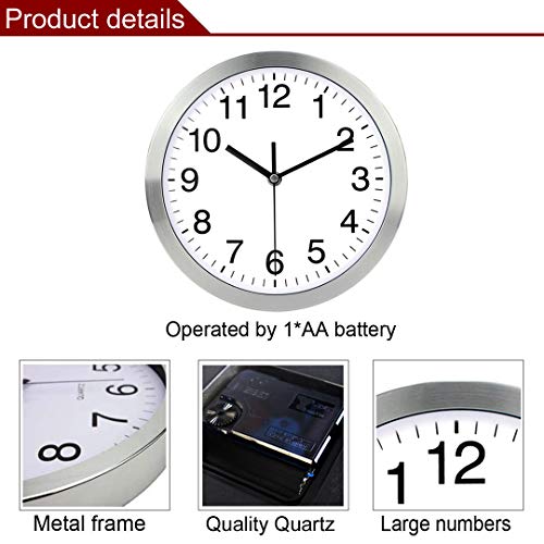 Wall Clock Metal Frame Glass Cover Non-Ticking Number Quartz Wall Clock 12Inch Modern Quartz Design Decorative Indoor/Kitchen Silver #TOP2