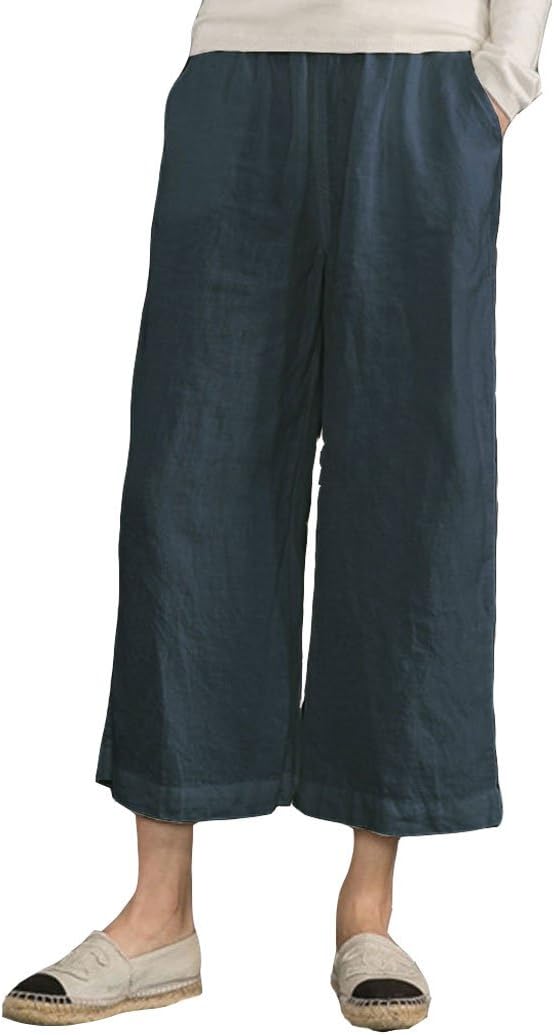 ECUPPER Womens Linen Cropped Pants Loose Casual Capri Cotton Wide Leg Plus Size Elastic Waist with Drawstring Trouses - Image 2