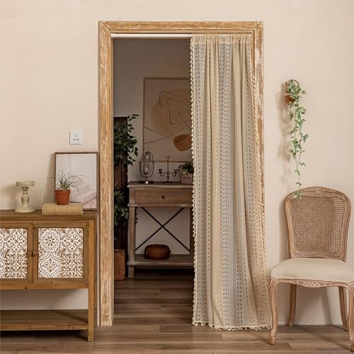 Sutuo Home Boho Doorway Curtains for Closet Patio Lace Sheer Door Curtains for Doorway Crochet Vintage Chic Tassels Bohemian Temporary Room Divider Privacy Rustic Geometry Rod Pocket 37 x 80 Beige