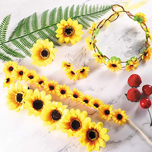 Fiada 16 Pieces Sunflower Hair Accessories Include Sunflower Theme 10 Headbands 2 Hair Clips 8 Hairpins yellow Floral Hippies Daisy Crown Photo Props for Women Girls Bridesmaids Wedding