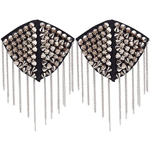 SUPERFINDINGS 2Pcs Coser Charreteras de Borla de Platino con Remaches Insignia de Hombro Decoración de Hombro Charretera de Plástico con Cadenas de Hierro para Chaquetas Flecos de Metal Punk
