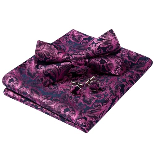Image of HISDERN Bow Ties for Men Pre-Tied Bow Tie Floral Paisley Handkerchief Classic Formal Bowtie and Pocket Square Cufflinks Set