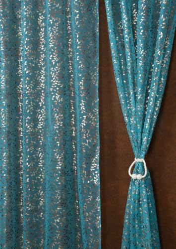Image of Homefab India Multi Foil Transparent Sheer Curtain - 5 X 4 Feet, Window Curtains, Aqua Leaf, Pack of 1 Piece