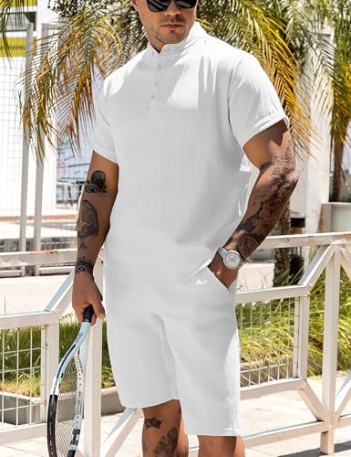 Men's Summer Beach Outfits 2 Piece Vintage Short Sleeve Henley Shirts and Shorts Vacation Texture Sets for Men3