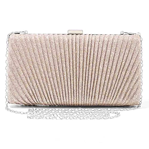 Yokawe Bolsa feminina para noite dourada com glitter plissada, bolsa clutch para festa de casamento, Champanhe