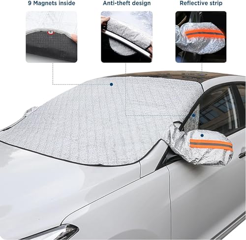 Image of Car Windshield Sunshade Snow Cover - All-Season Magnetic Windshield Cover with Mirror Protectors | UV & Ice Protection, Cotton Lined, Fits Most Cars & SUVs (143x109cm)
