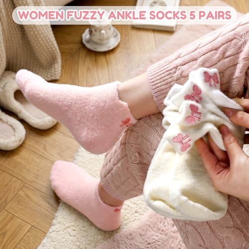 Image of Skicuff 5 Pair Women Bow Fuzzy Socks Coquette Cozy Fluffy Ankle Slipper Socks for Women Girls Gifts