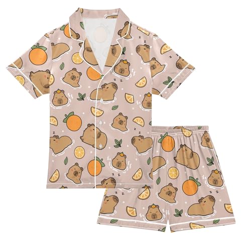 Cute Capybara with Oranges Pink Summer Satin Pajama Set, Cute Button-Down Sleepwear Pj Set for Sleep Wears