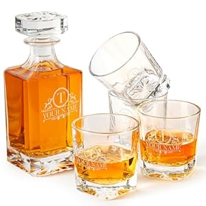 Personalized Whiskey Decanter Set for Men – 8 Engraved Design Options – Custom Crystal Decanter & Glasses Set for Liquor Lovers – Christmas Gifts for Men, Birthday, Christmas, Retirement – Whiskey Set