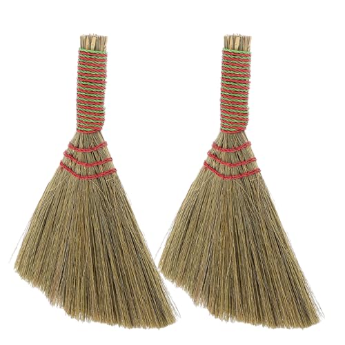 OSALADI 2Pcs Portable Handheld Miscanthus Brooms with Red Rope Hanging, Small Medium Table Dust Sweepers for Indoor Desk, Kitchen, Bathroom Cleaning Tools