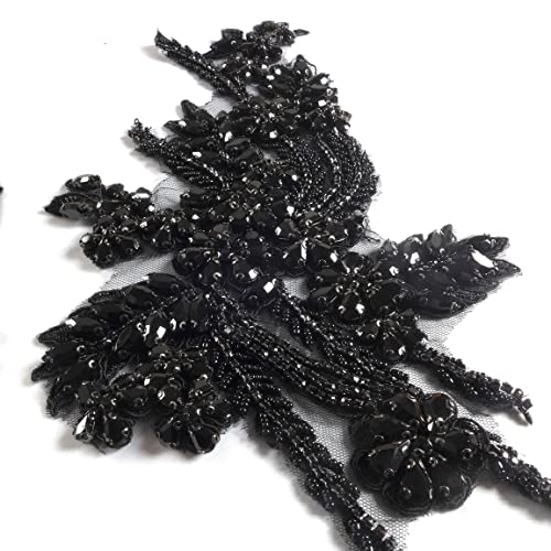 Hand-Made Beaded Rhinestons DIY Clothing Appliques Patch,Beaded Applique for Wedding Dress Decoration,Rose Gold/Pink/Silver/Red/Black Flower Applique by Pair (Black-B)