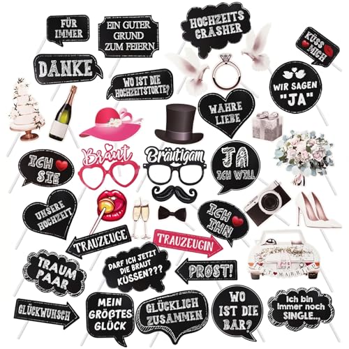 40 Stück Deutsch Fotobox Accessoires Hochzeit Foto Requisiten für Braut & Bräutigam Foto Booth Props mit Prost Trauzeuge für Immer Motive ideal für Hochzeit & Junggesellinnenabschied