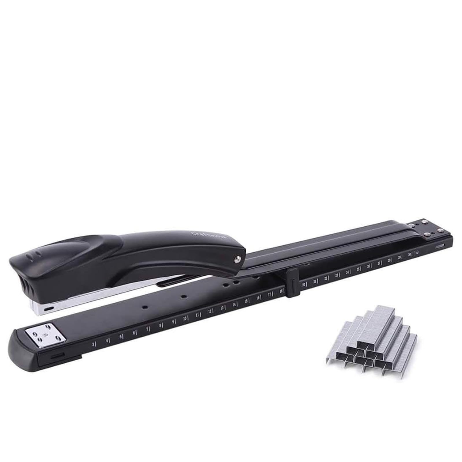 Long Reach Stapler,with 2000 Staples & Stapler Remover Full Strip，20-25 Sheet Capacity,with Built-in Ruler and Adjustable Locking Paper Guide, Black