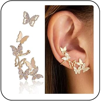 Vintage Crystal Butterfly Ear Climber Earrings - Gold CZ Crawler Cuff Earrings with Rhinestone - Crystal Ear Cuff Wrap Jewellery for Women
