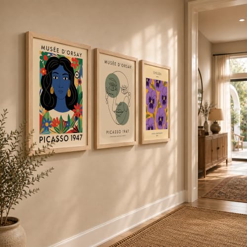Image of NoWorries Modern Abstract Wall Art Frame | London Chelsea Floral Print & Picasso' Inspired Wall Art Paintings 300 GSM Premium Prints | Stylish Home Decor for Living Room, Office & Bedroom | Synthetic Wooden Wall Art Frames (Set of-3) (NATURAL, ART-3, 17X25INCHES)