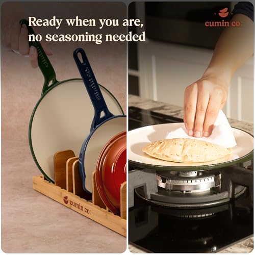 Image of CUMIN CO. Enamel Cast Iron Roti Tawa | 26 cm, 2.3 Kg | Color: Grey | Curved Surface Tawa for Roti, Chapati, Paratha | Preheat 4 Minutes to Activate Natural Non-Stick Ability, No Seasoning Required
