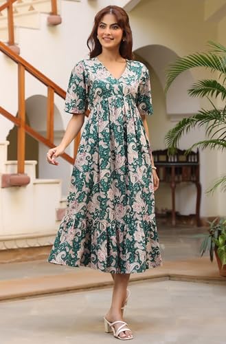Image of Janasya Women's Pure Cotton Floral Printed Tiered Dress