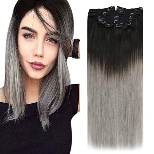 VeSunny Black Ombre Clip in Hair Extensions Color #1B Fading to Blue Grey Human Hair Ombre Hair Extensions Clip in 14inch 7Pcs/120G