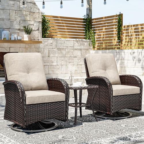 Joyside Outdoor Swivel Rocker Chairs, 3 Piece Wicker Patio Set with Thick Cushion and Side Table, Rattan Patio Swivel Rocking Chairs for Porch, Deck Use (Brown/Beige, 3 PCS) - Thumbnail 2