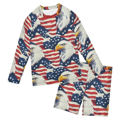 4th of July Bald Eagle American Flag Baby Boys' Toddler Long Sleeved Rashguard Swim Bathing Suit Set B0404283
