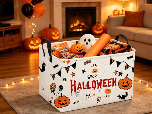 Image of Sanjiaofeng Rectangular Halloween Ghost Storage Basket,Halloween Basket.Cute Baskets for Room Decor, Pumpkin Baskets with Handles.Books Bins,Gifts Box(White Ghost)
